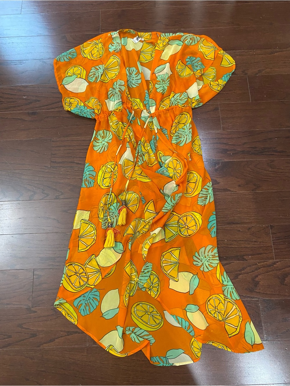 Violet Sky Sheer Cover Up Tropical Fruit Lemon Oranges Palm Leaves Resort Beach